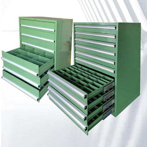Snag This Top Shelf Lockable Steel Tool Cabinet Featuring Secure Metal Storage Chest And Multiple Compartments Crafted For Garage Workshop Gear Organization Rig, showing green drawer unit with multiple compartments.