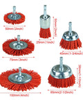 Six Pack Nylon Filament Abrasive Wire Brush Wheel And Cup Brush Set With One Quarter Inch Hex Shank, red nylon brushes labeled