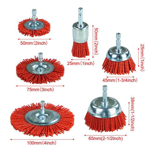 Six Pack Nylon Filament Abrasive Wire Brush Wheel And Cup Brush Set With One Quarter Inch Hex Shank, red nylon brushes labeled