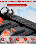 Close-up of Red Heavy Duty Power Tool Organizer Wall Mount with Charging Station showing 8 outlet power strip and cordless drill holders