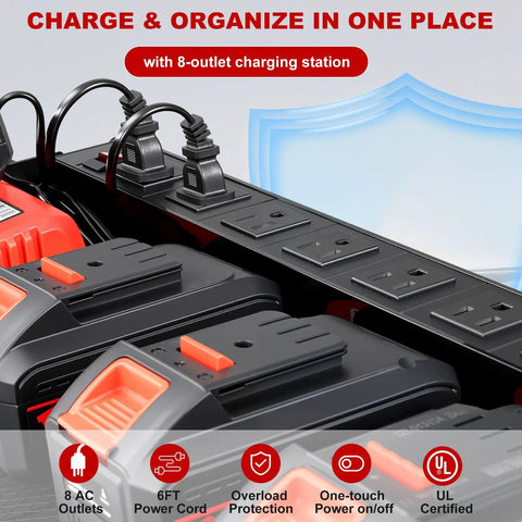 Close-up of Red Heavy Duty Power Tool Organizer Wall Mount with Charging Station showing 8 outlet power strip and cordless drill holders