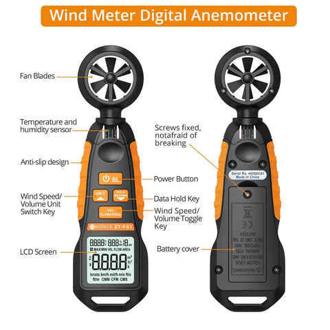Anemometer Wind Meter With Backlit Display Pro Grade Handheld Gauge That Measures Wind Speed Airflow Humidity Temperature Plus Six Velocity Units And Max And Min Readings For HVAC Drone Sailing Fishing And Outdoor Use front and back view