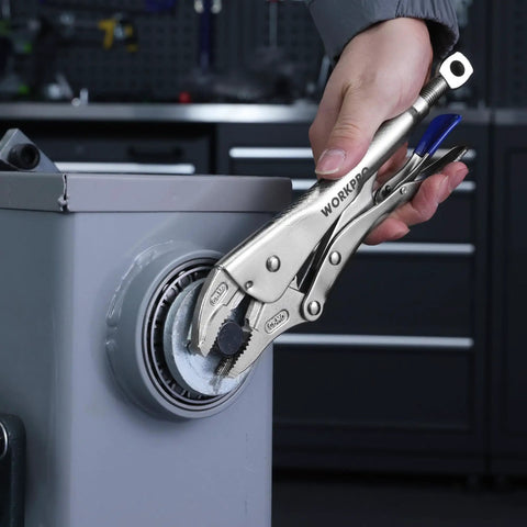 10 Inch Curved Jaw Locking Pliers With Screw Extractor in use on a metal pipe, showcasing CR-MO steel build and perforated screw adjustment.
