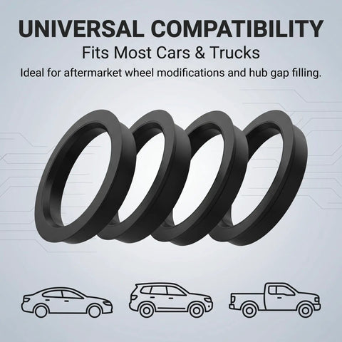 Heavy Duty 4 Pcs Car Wheel Hub Center Rings Reducer Adapters 73.1 Mm To 64.1 Mm Plastic Centric Rings in black, showcasing universal compatibility.