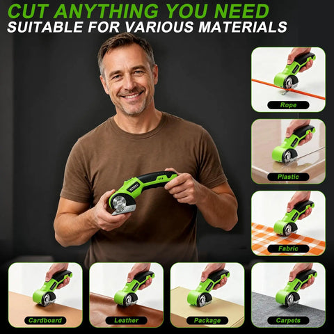 Man holding Cordless Electric Scissors For Cardboard And Paper Cutting Rechargeable Portable Handheld Power Tool With 320Rpm High Efficiency Blade.