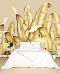 Gold Banana Leaf Botanical 3D Wall Mural For Bedroom And Living Room Huge 160 By 108 Inch Fabric Wallpaper Not Peel And Stick Seven Panels