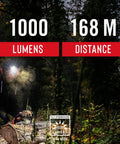 Person using Ultra Bright 1000 Lumen Dual Color LED Headlamp With Twist Focus Beam in forest, 1000 lumens, 168 meter distance.