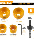 Six Piece Hole Saw Set With Arbor Adapter Makes Short Work Of Wood Metal Plastic Drywall Cutter Kit sizes and components displayed.