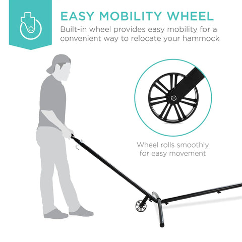 Heavy Duty 9 Foot Steel Hammock Stand With Built In Wheel For Easy Mobility Carrying Case Weather Resistant Finish And 450 Pound Capacity Your Go To Outdoor Yard Setup with easy mobility wheel feature