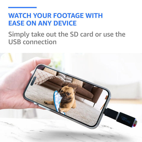 Plug-In Indoor Camera With No WiFi Needed, Full HD 1080P clarity, showing footage of a dog on phone via USB connection.