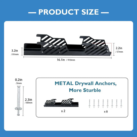 Off Floor Jack Stands Wall Mount Organizer Brackets Fits 2 And 3 Ton Heavy Duty Holder Hook Storage Rack Wall Mount Two Pack For Four Stands Car Trailer Tools with metal drywall anchors shown; detailed size dimensions in inches.