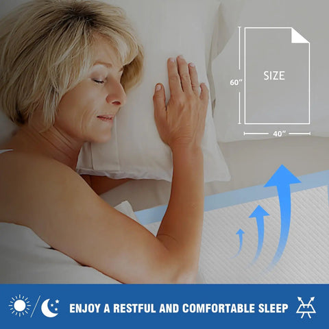Extra Large Disposable Bed Pads 40x60 Big Oversized Underpads With Rock Solid Absorbent Core, woman sleeping comfortably on bed.