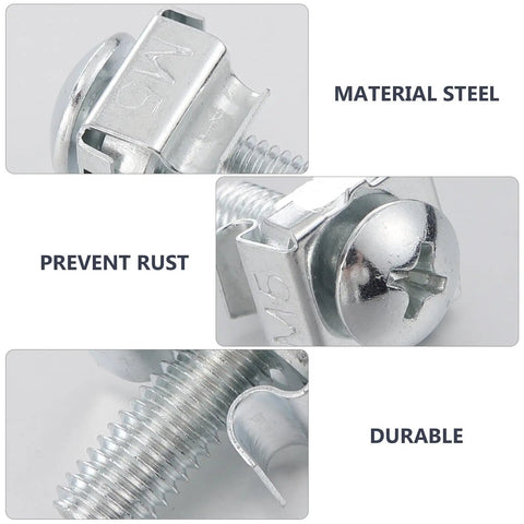 Close-up of Premium Heavy Duty Server Rack Screws and Hella Tough Cage Nuts with rust prevention feature in steel material.