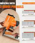 Light As A Feather 23 Gauge Pneumatic Pin Nailer For Cramped Spots, showing tool loading 1 inch pin nails for woodworking tasks.