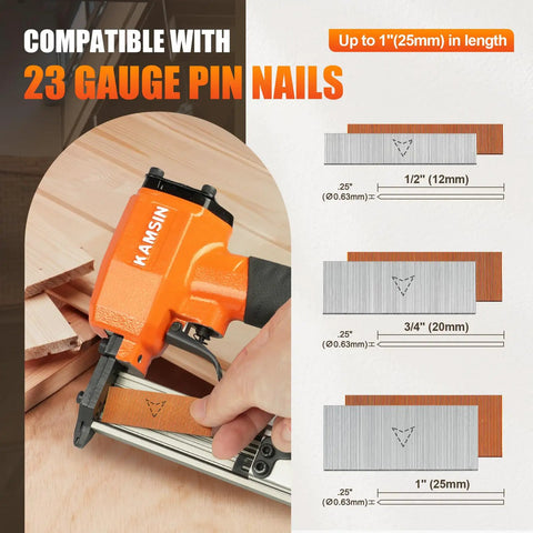 Light As A Feather 23 Gauge Pneumatic Pin Nailer For Cramped Spots, showing tool loading 1 inch pin nails for woodworking tasks.