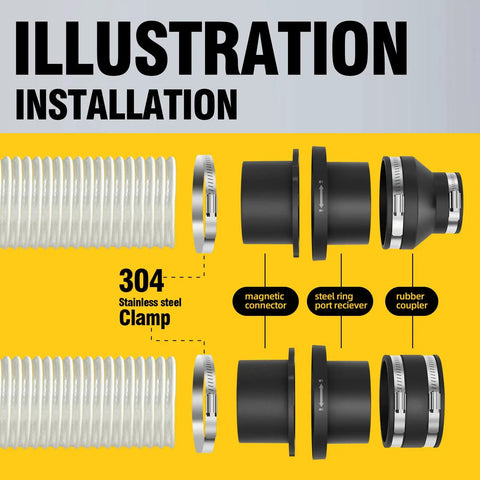 Battle Hardened Magnetic Dust Collector Fittings For 4 Inch Shop Vac Hoses Grip Tight Every Time To Kill Hose Drag and installation parts illustration.