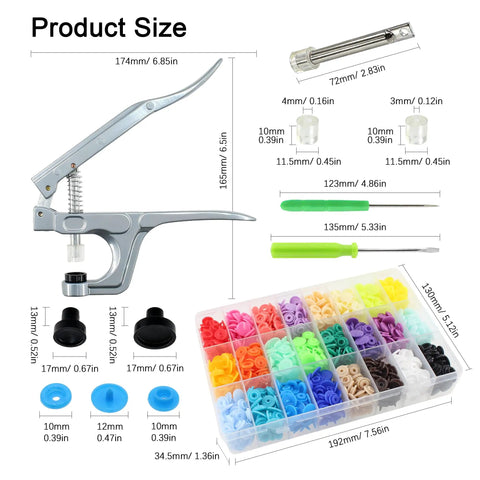 Complete Snap Button Kit With Pliers And Tools 360 T5 Plastic Snap Buttons In 24 Colors with screwdriver and awl