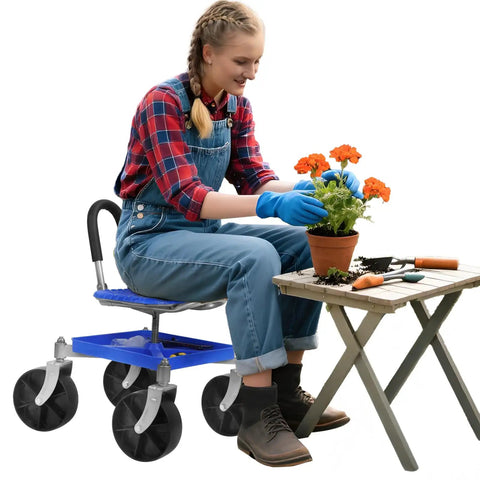 Person using Height Adjustable Gardening Rolling Seat With 360 Degree Swivel And Tool Tray Comfortable On Wheels Stool for gardening