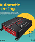 Front view of GM-A3702 2 Channel Car Amplifier With 500W Max Power Class AB Bridgeable Design, black and red casing.