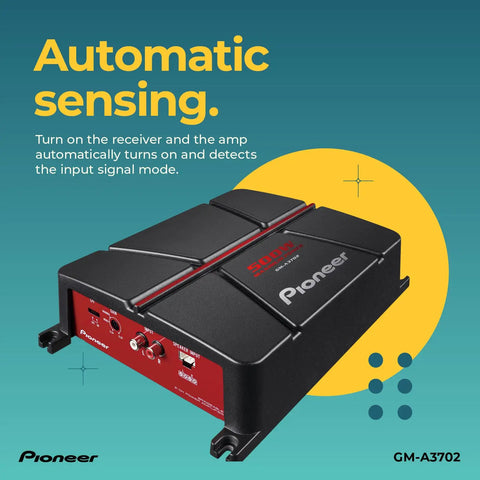 Front view of GM-A3702 2 Channel Car Amplifier With 500W Max Power Class AB Bridgeable Design, black and red casing.