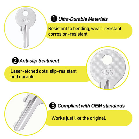 8 Pack 455 Ignition Keys With Key Wire, Built Tough Brass Or Zinc Alloy Core, Nickel Or Chrome Plated Finish, Corrosion Resistant Replacement Keys For 455 Vehicles, Easy Install And Long Lasting Quality close-up with 455 stamping and textured grip