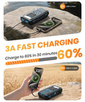 Outdoor Power Bank With 48000mAh Solar Charger wireless charging a phone on a rock and in a field with USB-C cable.