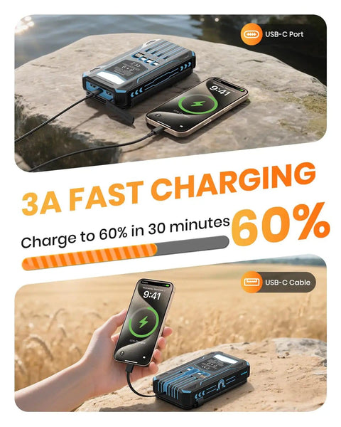 Outdoor Power Bank With 48000mAh Solar Charger wireless charging a phone on a rock and in a field with USB-C cable.