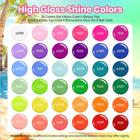36 Colors Gel Nail Polish Set With Base Coat Top Coat Matte And Glitter Top Coat Soak Off UV Gel Nail Polish Kit color samples