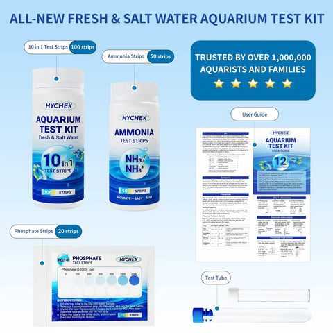 Top Shelf 12 In 1 Aquarium Water Test Strips For Fresh And Salt Water Tanks kit includes ammonia, phosphate strips, and user guide.