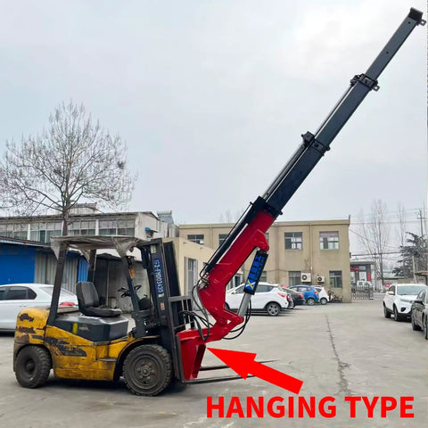 Built Tough Forklift Mounted Jib Boom Crane With Hydraulic Telescoping Boom and Rock Solid 13200 Pound Capacity, shown in hanging type.