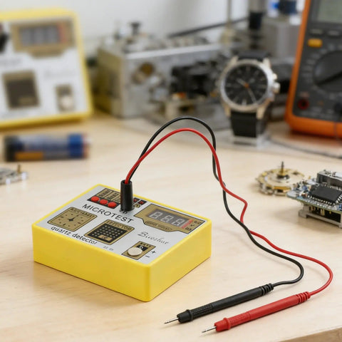 Multifunction Watch Pulse Tester Kit For Quartz Movement Accuracy Checks And Demagnetizing on workbench with watch parts