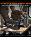 Badass 4000W Power Inverter Switching 12V DC To 110V AC With Modified Sine Wave Action showing USB port and remote control.