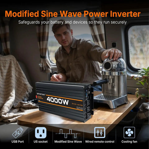 Badass 4000W Power Inverter Switching 12V DC To 110V AC With Modified Sine Wave Action showing USB port and remote control.