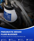 Pneumatic brake fluid bleeder with 1000 ml capacity connected to automotive brake system for easy one-person operation.