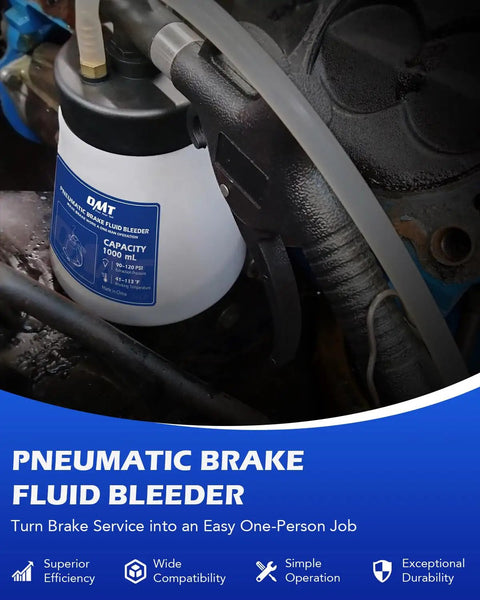 Pneumatic brake fluid bleeder with 1000 ml capacity connected to automotive brake system for easy one-person operation.