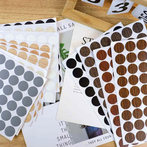 648 Pieces Screw Hole Covers Kit With 21mm Wood Textured Stickers PVC Self Adhesive Caps on sheets in various colors