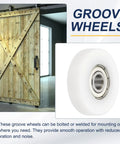Meccanixity 4 Pack White Roller Idler Bearing Pulley, 8 X 40 X 10mm Plastic Sliding Conveyor Nylon Wheel Track Wheel For Furniture Hardware And Mobile Door Accessories, Smooth Quiet Performance, close-up of groove wheel.