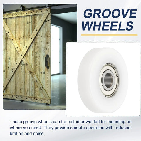 Meccanixity 4 Pack White Roller Idler Bearing Pulley, 8 X 40 X 10mm Plastic Sliding Conveyor Nylon Wheel Track Wheel For Furniture Hardware And Mobile Door Accessories, Smooth Quiet Performance, close-up of groove wheel.