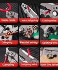 Eighteen In One Foldable Wire Stripper And Crimping Tool for Pros and DIYers showing functions like cutting, crimping, splitting, and clamping.