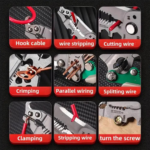 Eighteen In One Foldable Wire Stripper And Crimping Tool for Pros and DIYers showing functions like cutting, crimping, splitting, and clamping.
