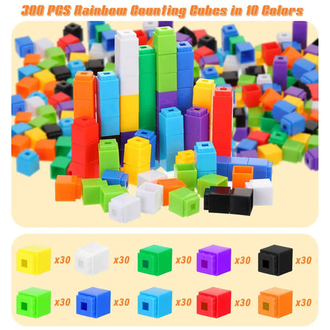 300 Piece Colorful Counting Cubes Set for Math Manipulatives, Plastic Connecting Blocks in stacks and arrayed by color