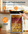 Smart LED touch control panel on 18 tray food dehydrator featuring 800 watt dual fans for drying fruits.