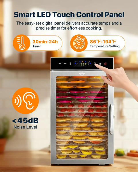 Smart LED touch control panel on 18 tray food dehydrator featuring 800 watt dual fans for drying fruits.