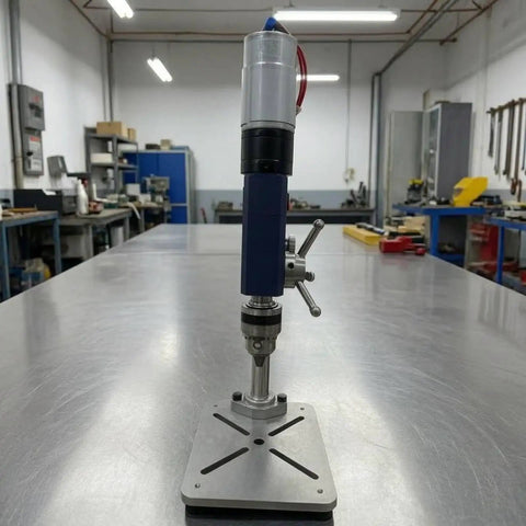 Compact Mini Drill Press For Garage And Workshop Desktop Machine Portable Power Tool with steady base and adjustable height.