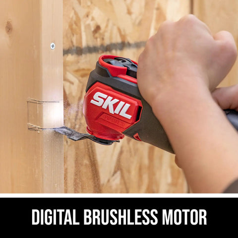 Heavy Duty 20V Brushless Cordless Oscillating Multi Tool Kit using digital brushless motor on wood, cutting surface, hands-on.