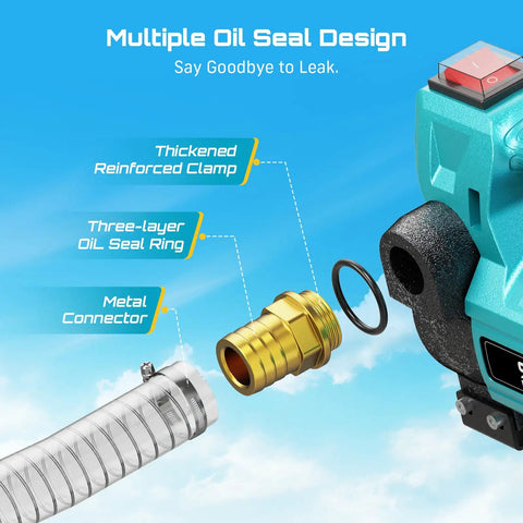 Diesel Transfer Pump Kit Cordless 12 GPM Battery Powered With Auto Stop Nozzle 4Ah Battery Two Hoses And Filter On The Go Fueling For Diesel Kerosene Farm Boat Home brass connector and hose close-up