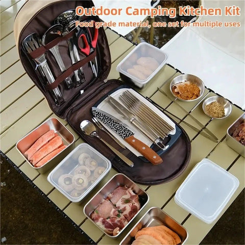 Outdoor Cutlery Portable Set for Camping and Picnics with Secure Pouch and Built In Elastic Slots Keeps Utensils From Shifting Durable