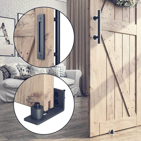 8 Foot Sliding Barn Door Hardware Kit With Track And Pull Handle Set And Floor Guide For 42 To 48 Inch Doors installed view