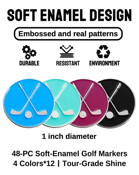 48 Pack Golf Ball Markers In Assorted Patterns With Four Vibrant Colors And 12 Per Color For Easy Identification Hat Clip And Divot Tool Golf Accessories Set For Men And Women Great Gift For Golfers with soft enamel finish and club design.