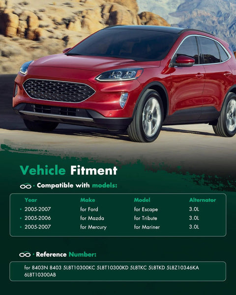 Red SUV parked in desert setting; lists vehicle fitment for Drop In 130 Amp 12 Volt Alternator Replacement Fits Ford Escape 2005 2006 2007 Mazda Tribute 2005 2006 Mercury Mariner 2005 2007 Three Liter V6 CW Pulley High Output Ready To Install.